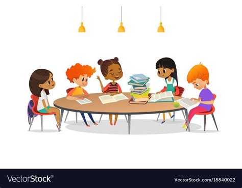 Multiracial Children Sitting Around Round Table With Pile Of Books On
