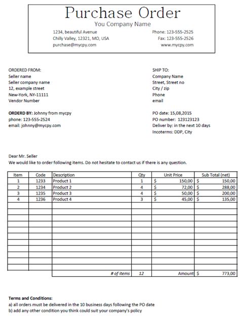 Excel Template Classic Looking Purchase Order Template For Microsoft