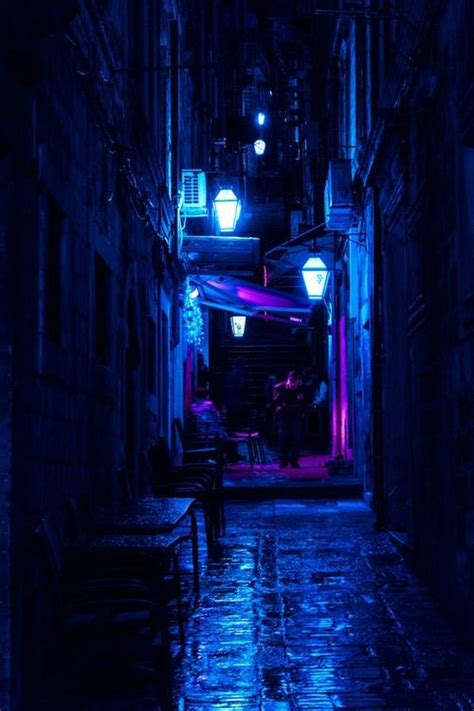 Dark Alley With Turned On Street Lamps Color Palette Blue Aesthetic