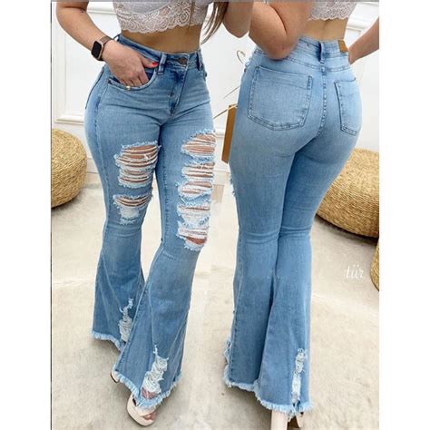 Women S Flare Bell Bottom Jeans Ripped Jeans Washed Street Style Hihalley