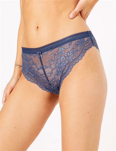 Marks And Spencer Mand5 Blue Lace High Rise Midi Knickers Size 6 To 14