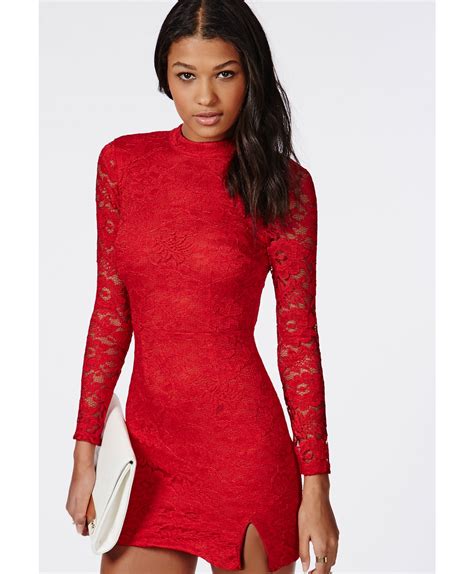 Lyst Missguided Lace Long Sleeve Side Split Bodycon Dress Red In Red