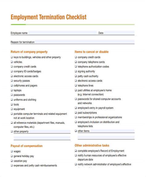Document Checklists For New Terminated Employee Sample Templates
