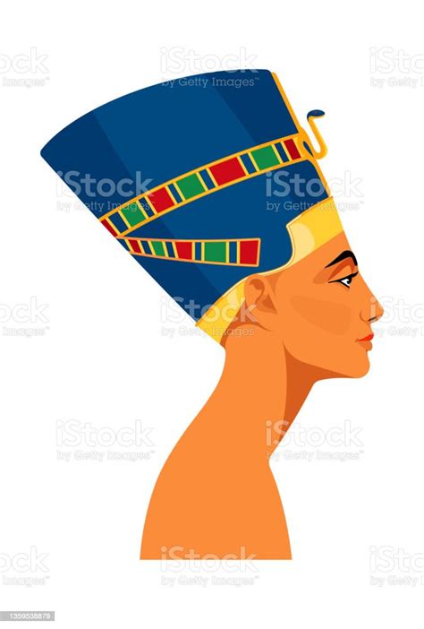 이집트 여왕 네페르티티 아이콘 크라운의 고대 초상화 아름다운 여성 프로필 클로즈업 얼굴 고대 이집트 흰색 배경에 현대 벡터 그림 고대 이집트 문화에 대한 스톡 벡터 아트 및