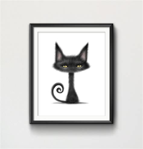 Tall Black Cat Art Print Black Cat Illustration Cat Wall Etsy