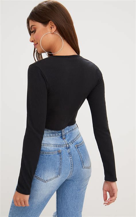 Black Ribbed Long Sleeve Crop Top Tops Prettylittlething Il