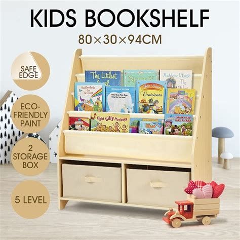 5 Level Kids Wood Bookshelf Bookcase Canvas Sling Toy Storage Organizer