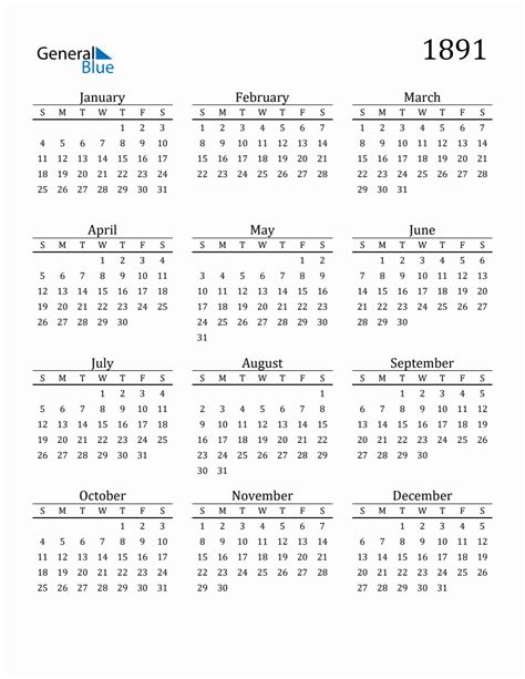 Year 1891 Free Printable 12 Month Calendar