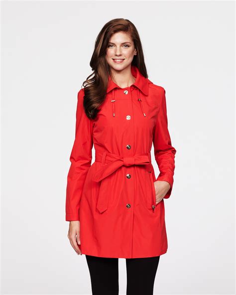 Jacqueline Belted Raincoat with Removable Hood | Red raincoat, Outerwear women, Raincoat