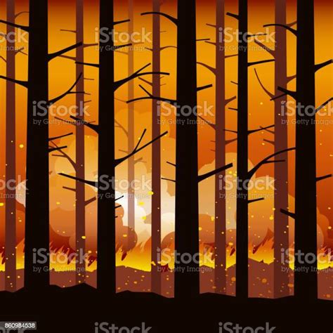 Burning Forest Fire With Charred Trees In Silhouette Natural Disaster