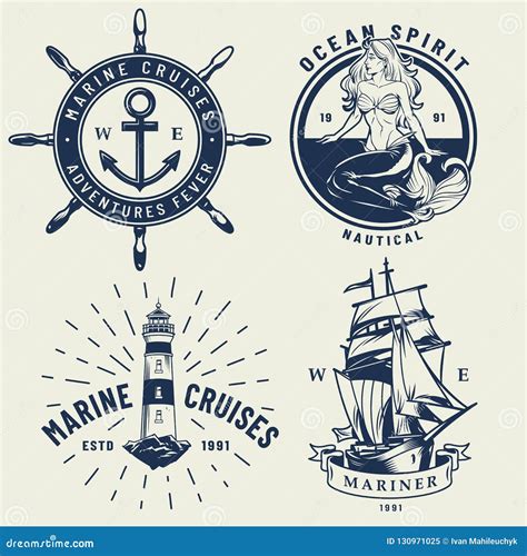 Vintage Monochrome Nautical Logos Set Stock Vector Illustration Of