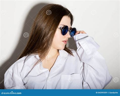 Naked Girl In A Man S White Shirt With Sunglasses Stock Image Image