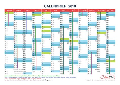 Calendrier Annuel Année 2018 Avec Jours Fériés Et Vacances Scolaires