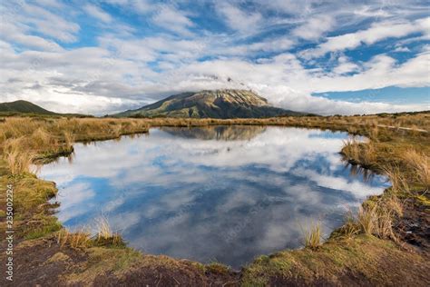 Cloud Covered Stratovolcano Mount Taranaki Or Mount Egmont Reflected In