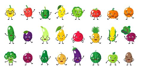 Vector Cartoon Set Of Fruits And Vegetables Characters With Different