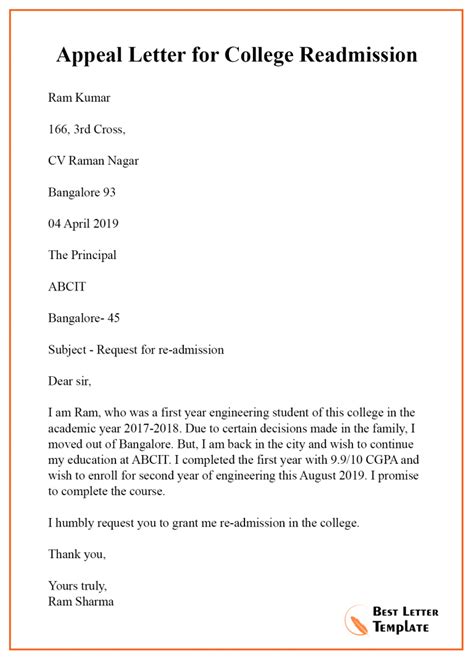 10 Appeal Letter For College Template Format Sample And Example
