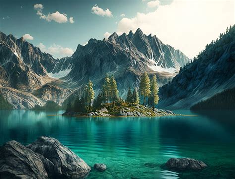 Realistic Turquoise Lake And Mountain Landscape Wallpaper Design