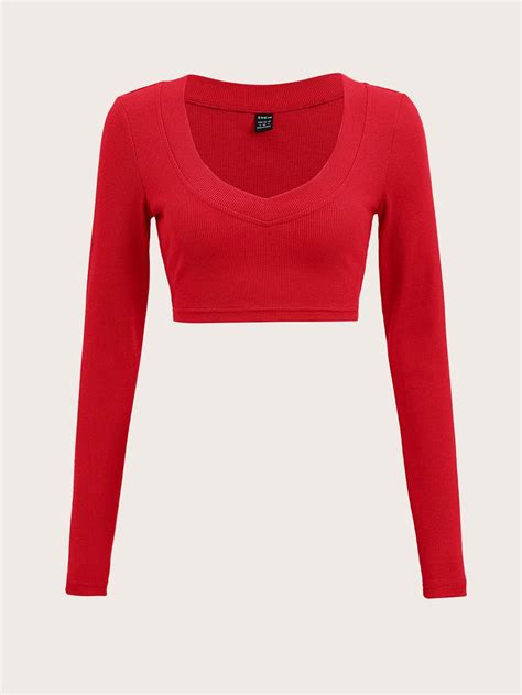 Solid V Neck Rib Knit Crop Tee Red Long Sleeve Crop Top Red Long Sleeve Shirt Top Outfits
