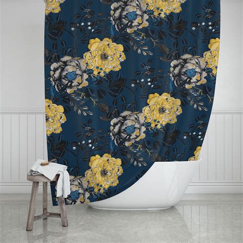 Elegant Navy Blue Floral Shower Curtain Vintage And Moody Home Etsy