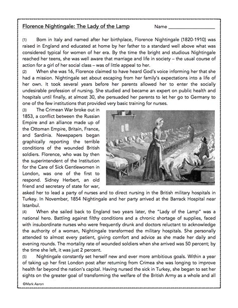 Heroic Women Florence Nightingale Reading Comprehension Passage And