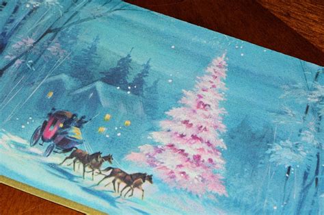 Vintage Unused Christmas Card Glitter Glittered Pink Tree Horse