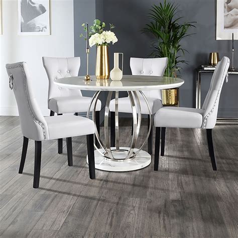 Savoy Round Dining Table And 4 Kensington Chairs White Marble Effect