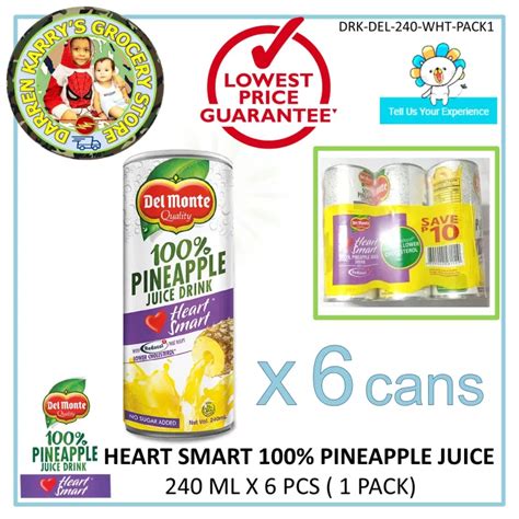 Del Monte 100 Pineapple Juice Drinks 6 Cans X 240 Ml Heart Smart With