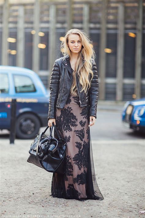 Leather Jacket Long Dress Fashion Style Maxi Dress Street Style