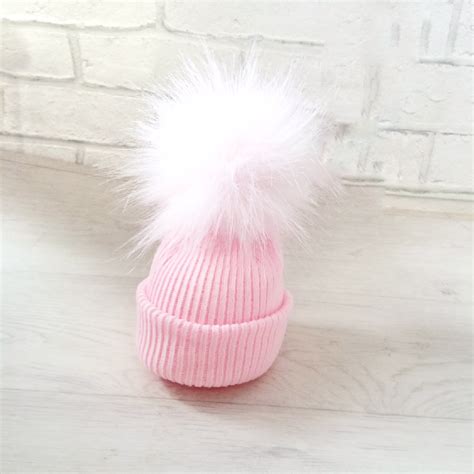 Newborn Baby Girls Pink Fur Pom Pom Hat