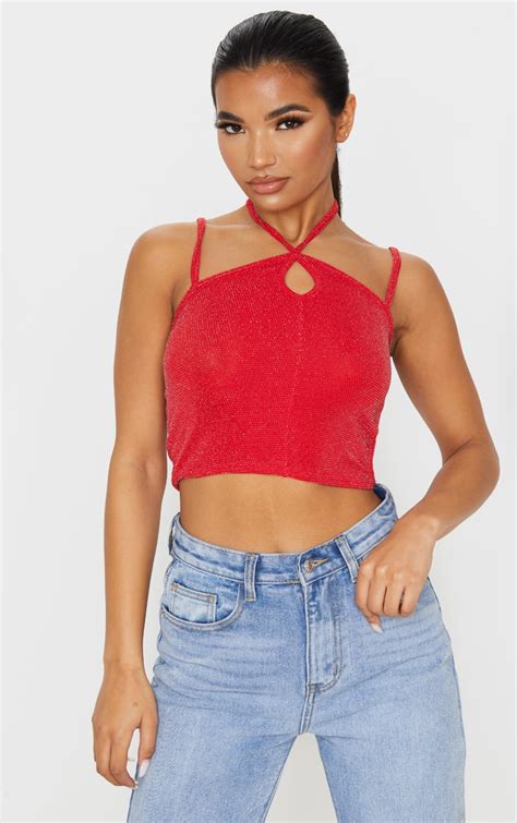 Red Textured Glitter Keyhole Strappy Crop Top Prettylittlething Usa