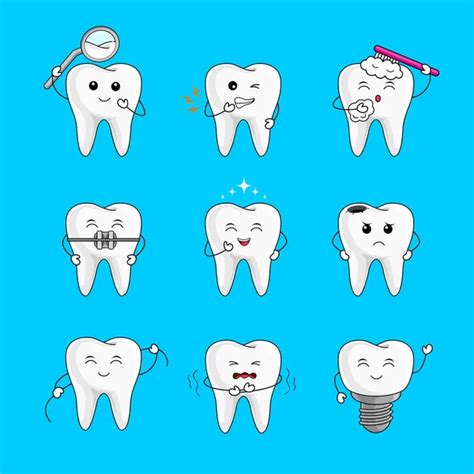Tooth Icons Set Outline Style Different Facial Expressions Dental Care