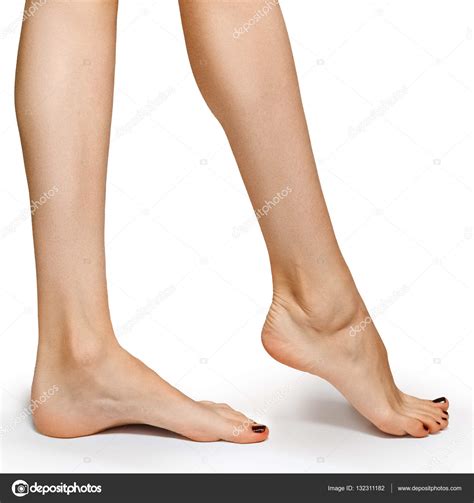 Low Side View Of Woman Foot On White Background Close Up — Stock