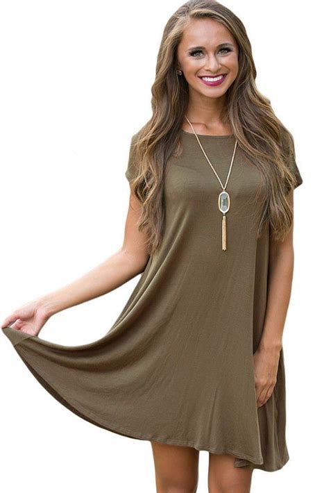 Army Green Short Sleeve Loose Flared Dress