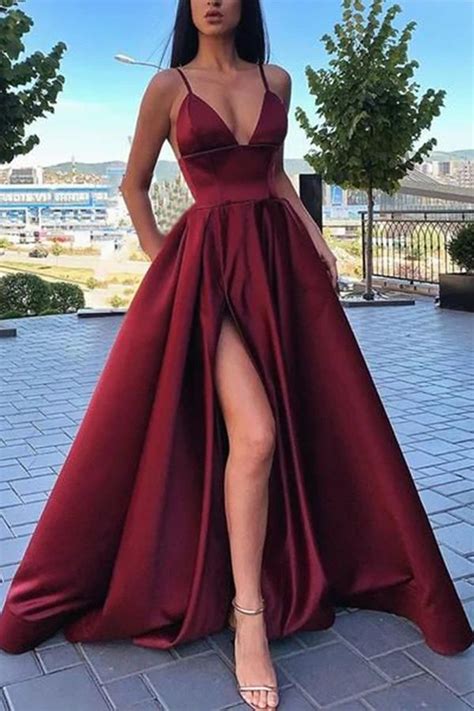 simple dark red satin ball gown v neck spaghetti straps prom dress with pockets sp602 trendy