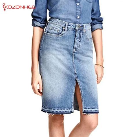 Fashion Denim Skirts Womens 2017 Front Slit Summer Jeans Skirt Midi High Waist Women Skirt In