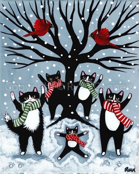 Celebration Of Winter Original Tuxedo Cat Folk Art Painting By