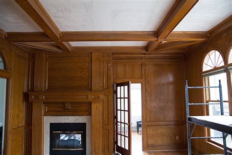 Remove popcorn ceiling by scraping, or cover it with drywall. The-Makerista-Ceiling-Popcorn-Removal-Wood-Paneling - The ...