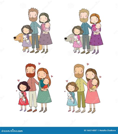 Una Familia Feliz Dibujo De Papá Mamá Hija Y Bebé Un Gato Gracioso Y