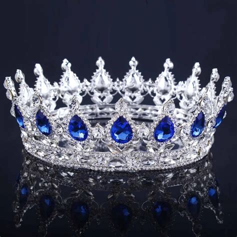 2017 New Big European Ryal Crown Silver Color Blue Rhinestone Tiara