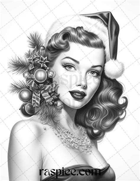 55 Vintage Christmas Pin Up Girls Grayscale Coloring Pages For Adults Printable Pdf File