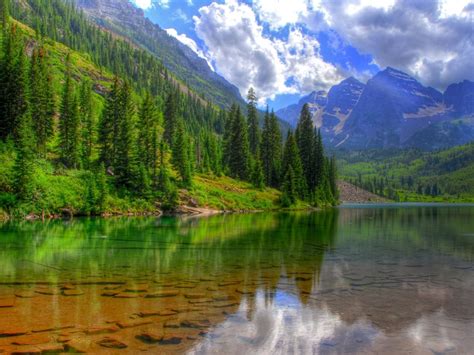Nature Landscape Clear Lake Water Green Pine Forest Rocky Mountains