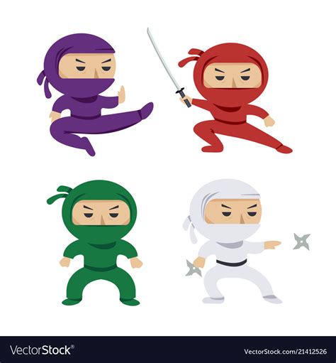 Set Of The Cartoon Colored Ninjas With Katana Vector Image