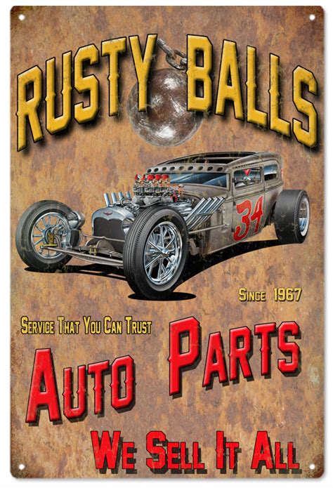 Rusty Balls Garage Shop Reproduction Hot Rod Metal Sign 18x30