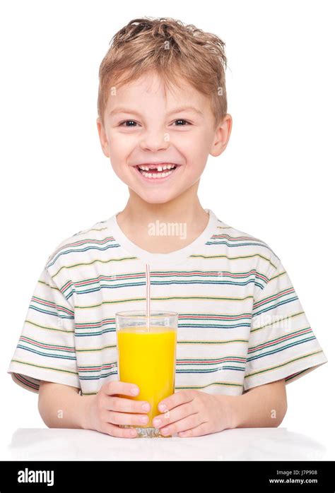 Little Boy Drinking Orange Juice Stock Photo Alamy