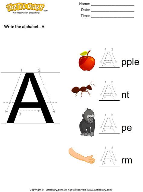 Learning alphabet is the first step to master english. Write Alphabet A in Uppercase Worksheet - Turtle Diary