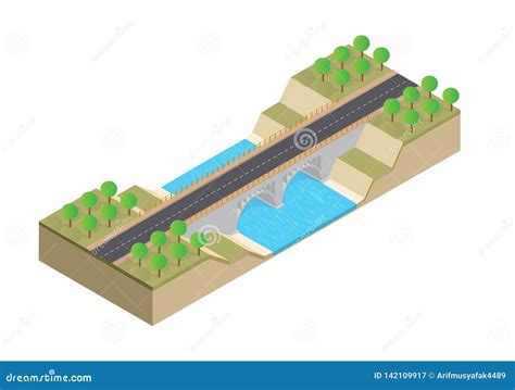 Isometric Highway On The Bridge Over The River Stock Vector
