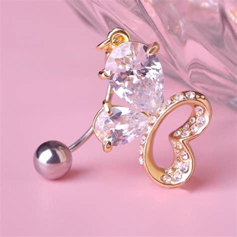 Body Jewelry Gold Plated Surgical Steel Double Jewelled Cz Belly Bar