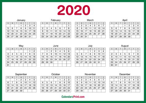 2020 Calendar Printable Free Horizontal Hd Green Calendarzprint