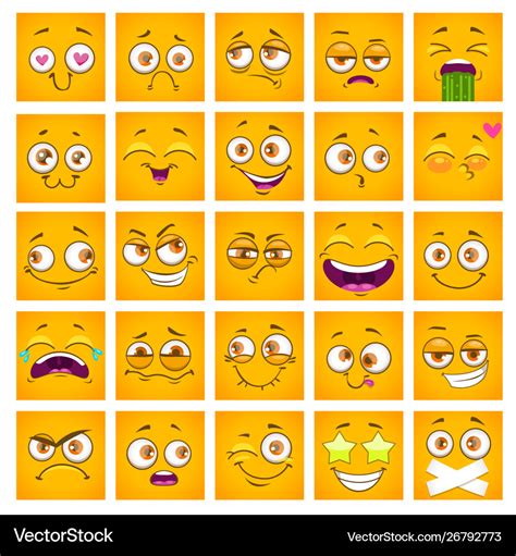 Emoji Face Funny Square Cartoon Yellow Faces Set Vector Image