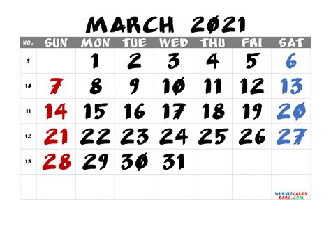 March 2021 Calendar Free Printable